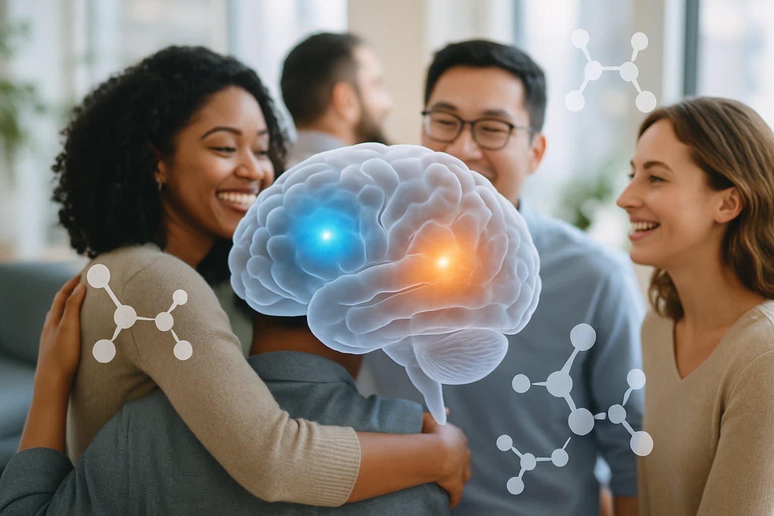 A group of diverse people smiling and interacting warmly with a semi-transparent 3D brain overlay showing highlighted areas representing serotonin and dopamine pathways.