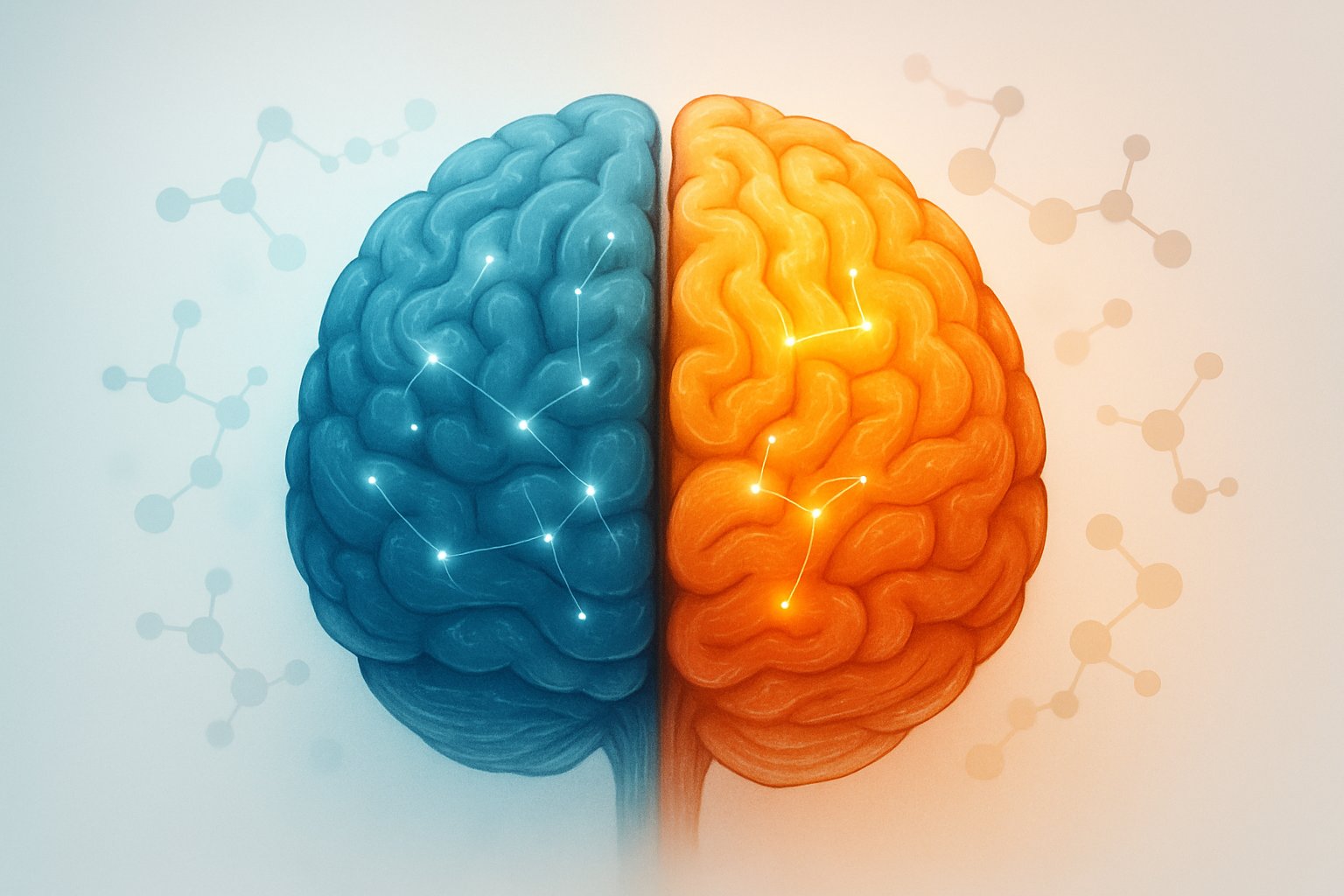 A split-brain illustration showing calming blue tones on one side and vibrant orange and yellow on the other, with floating molecular structures between them.