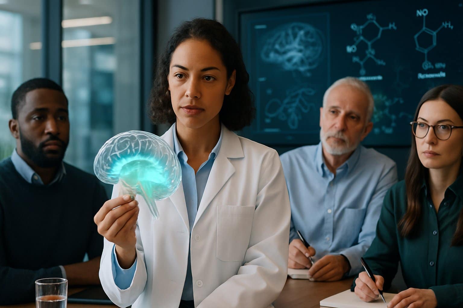A group of people in an office discussing a glowing 3D brain model highlighting serotonin and dopamine areas.