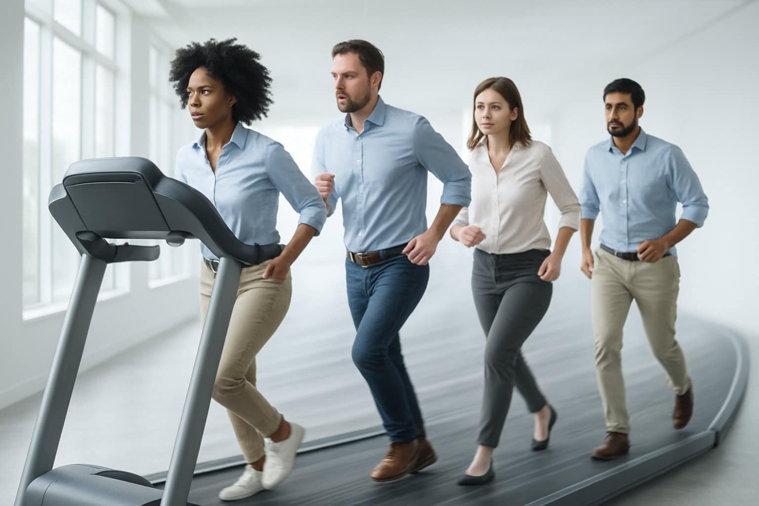 People walking on an endless treadmill indoors, showing continuous movement and effort.
