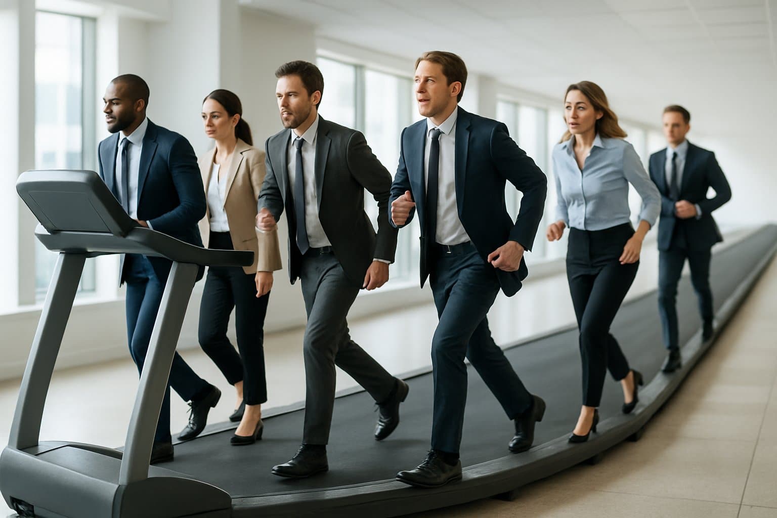 A group of business professionals walking on a large treadmill in a bright office, symbolizing continuous effort and pursuit.