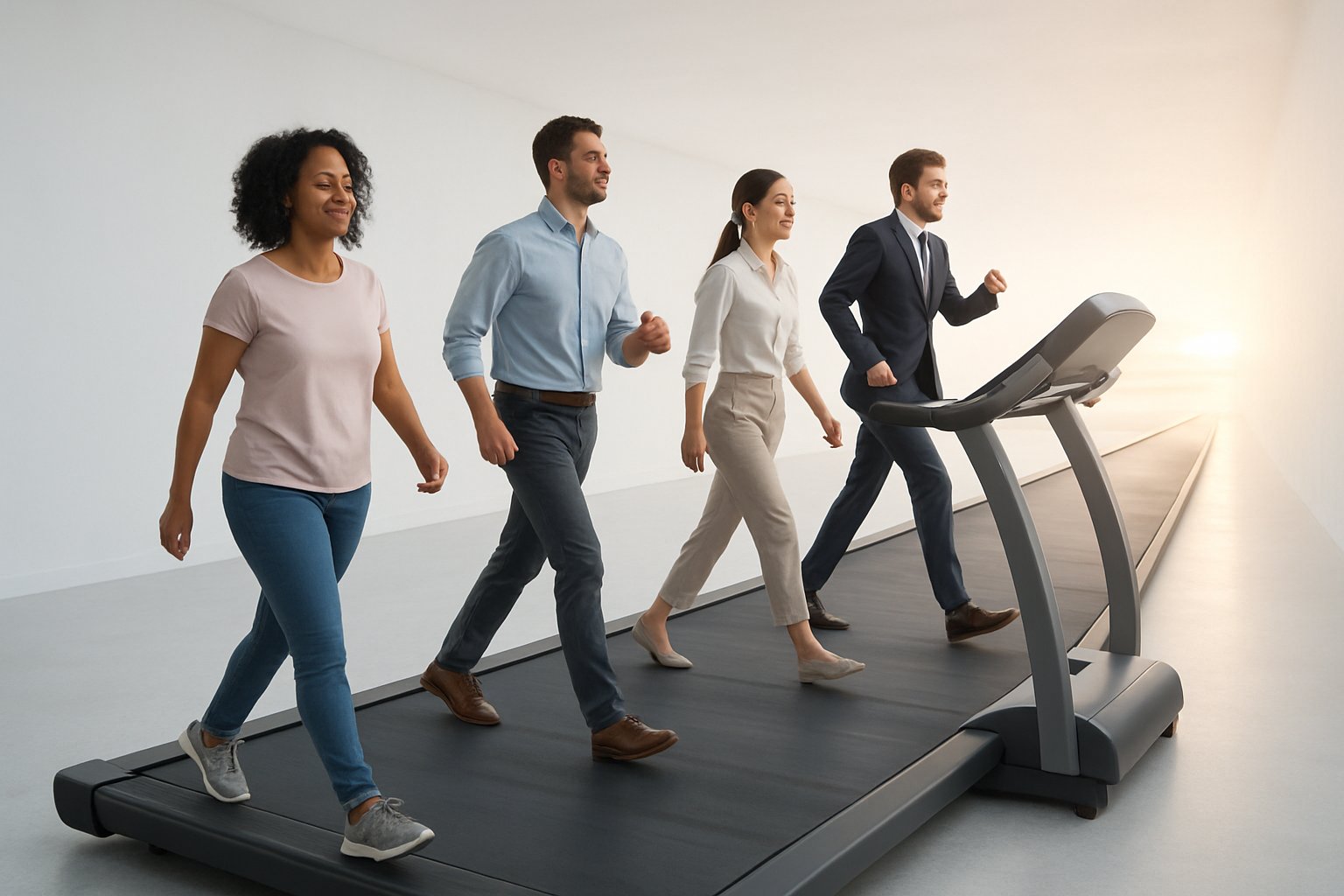 People walking and running on a large treadmill in a bright, open space, symbolizing continuous effort without progress.