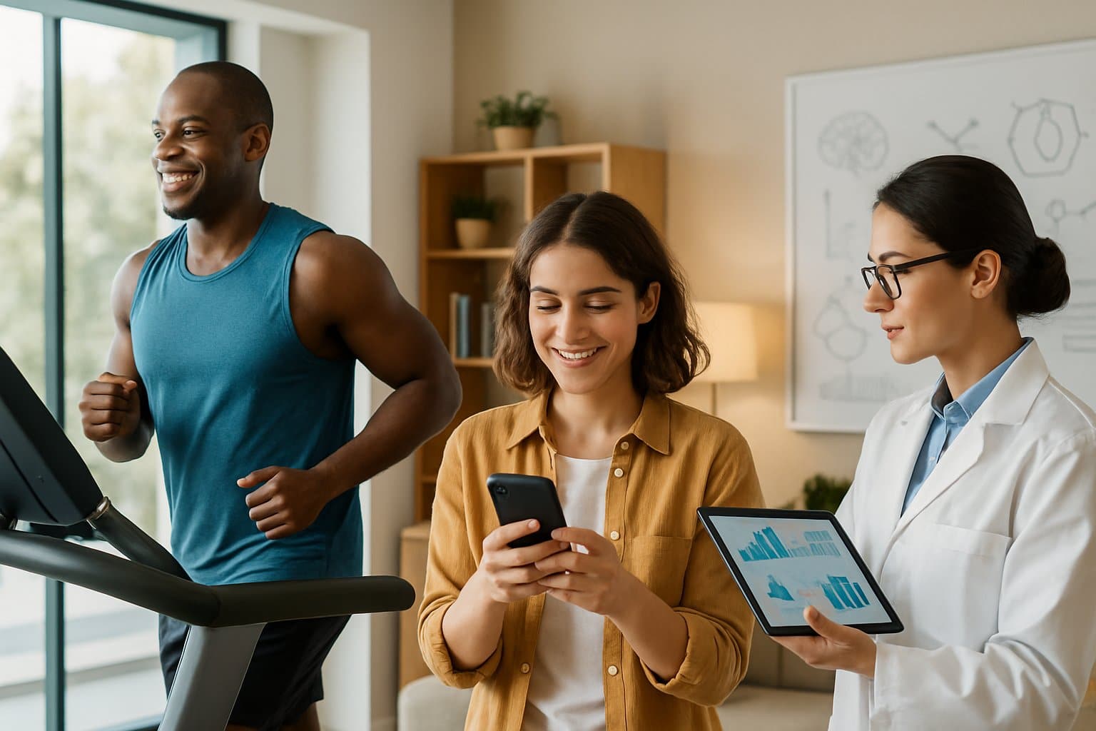 A diverse group of people engaged in activities like jogging on a treadmill, checking a smartphone, and a scientist examining charts, illustrating the concept of pursuing happiness and adaptation.