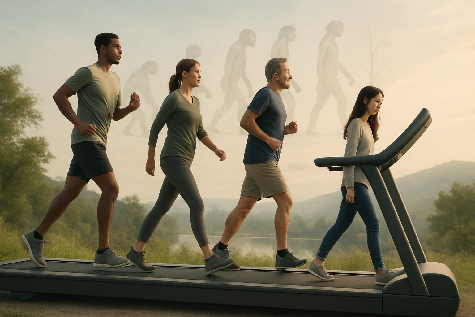 A diverse group of people walking on a large treadmill outdoors surrounded by nature, symbolizing continuous effort and progress.