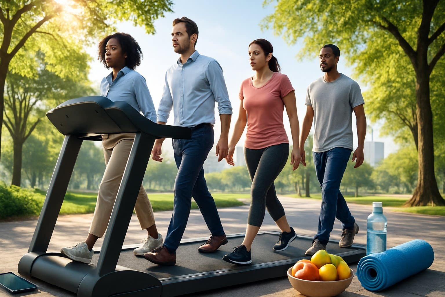 People walking on a large treadmill in an urban park surrounded by trees and sunlight, showing various emotions as they exercise.