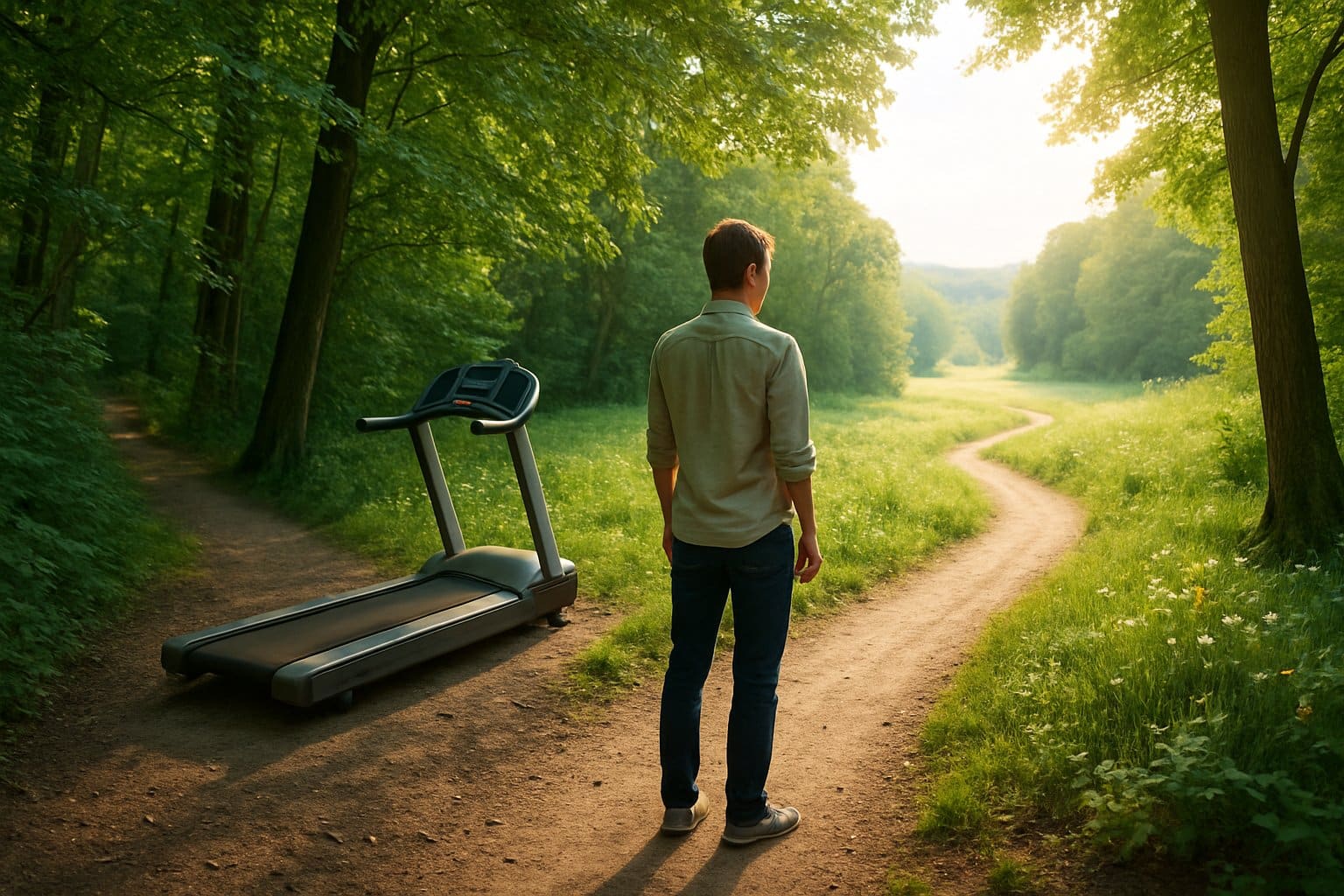 A person standing at a fork in a forest trail, choosing between a treadmill path and a peaceful meadow path.
