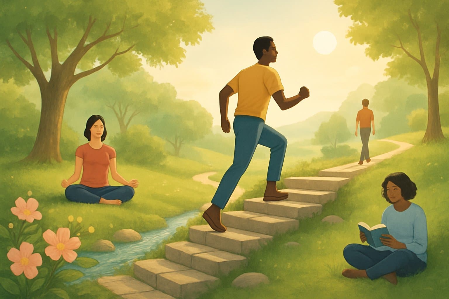 People outdoors engaging in activities like climbing stairs, meditating, and walking along a path surrounded by trees, flowers, and a flowing stream, symbolizing personal growth and long-term happiness.