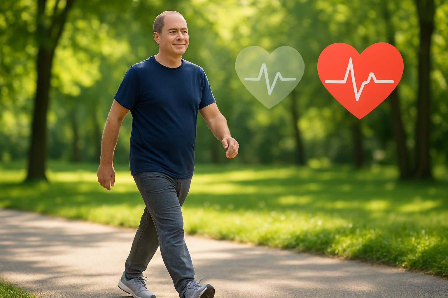 A person walking on a sunny park path surrounded by trees, wearing athletic clothes and sneakers.