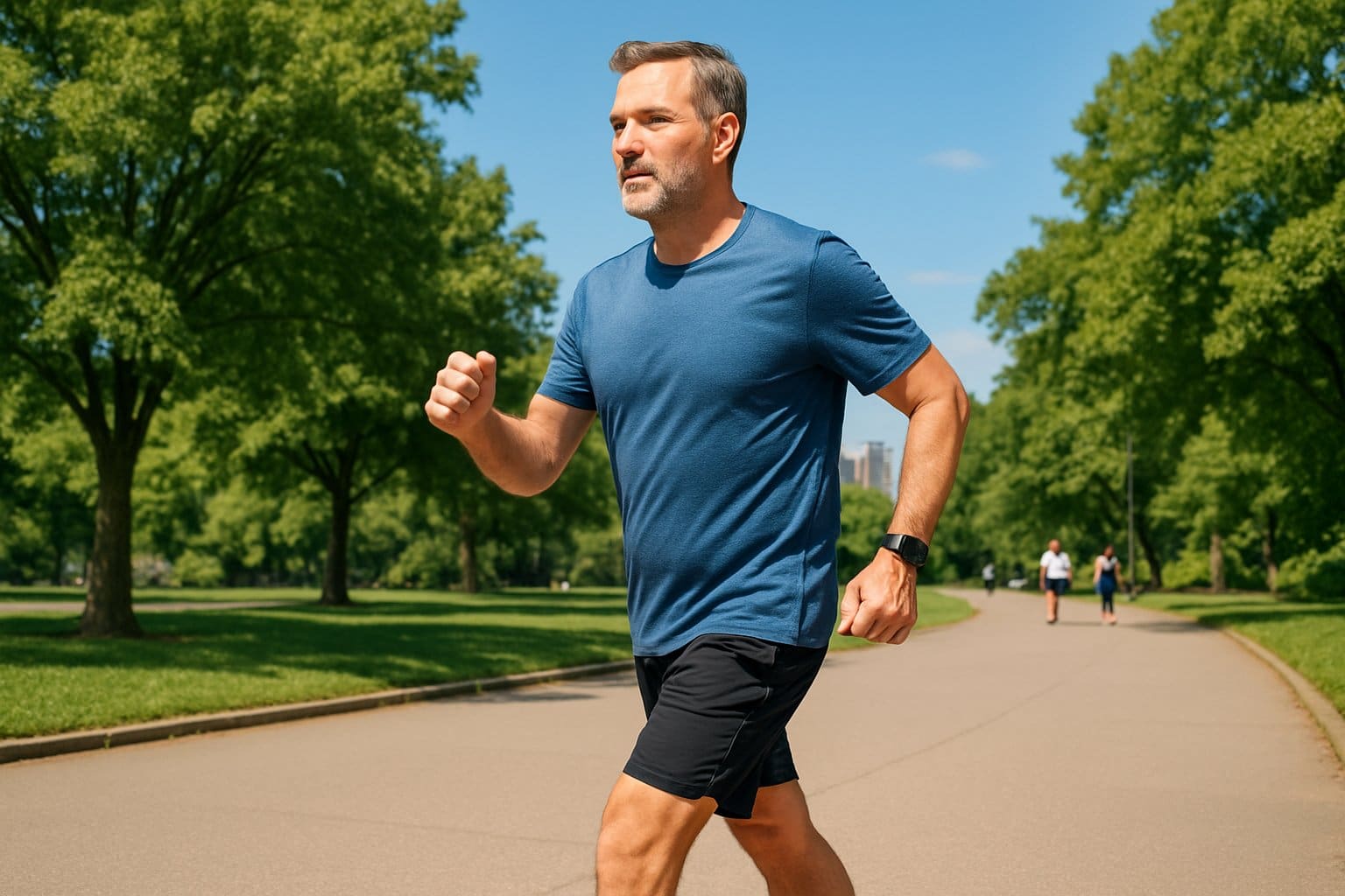 A man walking briskly on a park path surrounded by trees and clear sky.