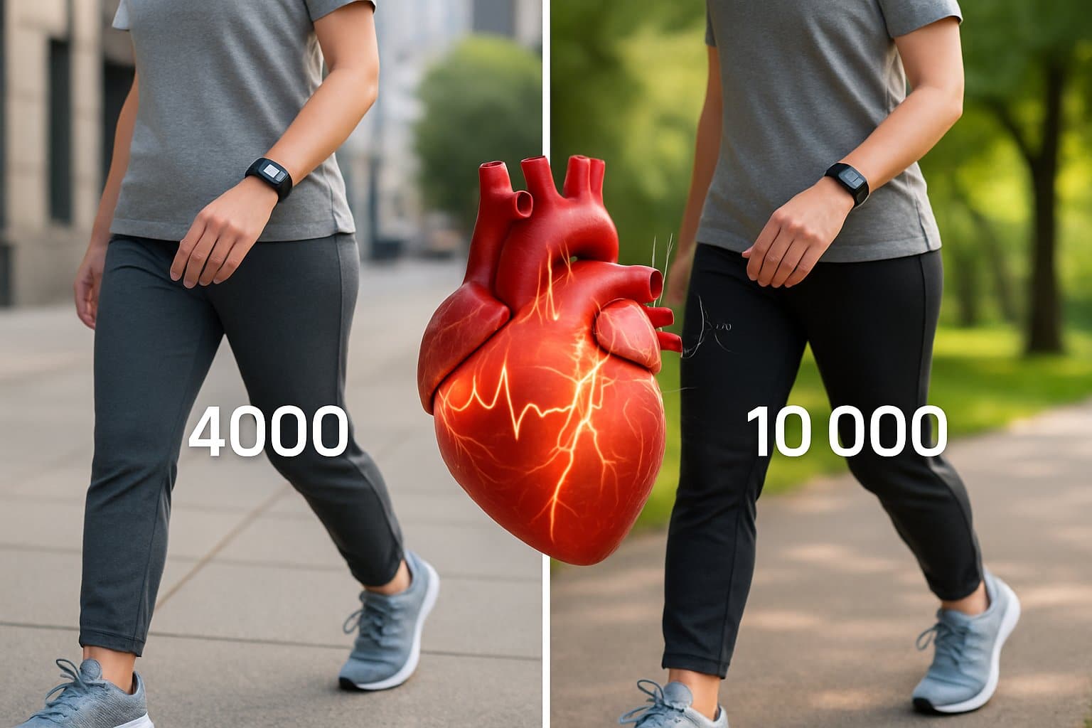 A split scene showing a person walking on a city sidewalk with a fitness tracker displaying 4,000 steps on one side, and the same person walking in a park with a fitness tracker showing 10,000 steps on the other side, with a detailed 3D heart model in the center.