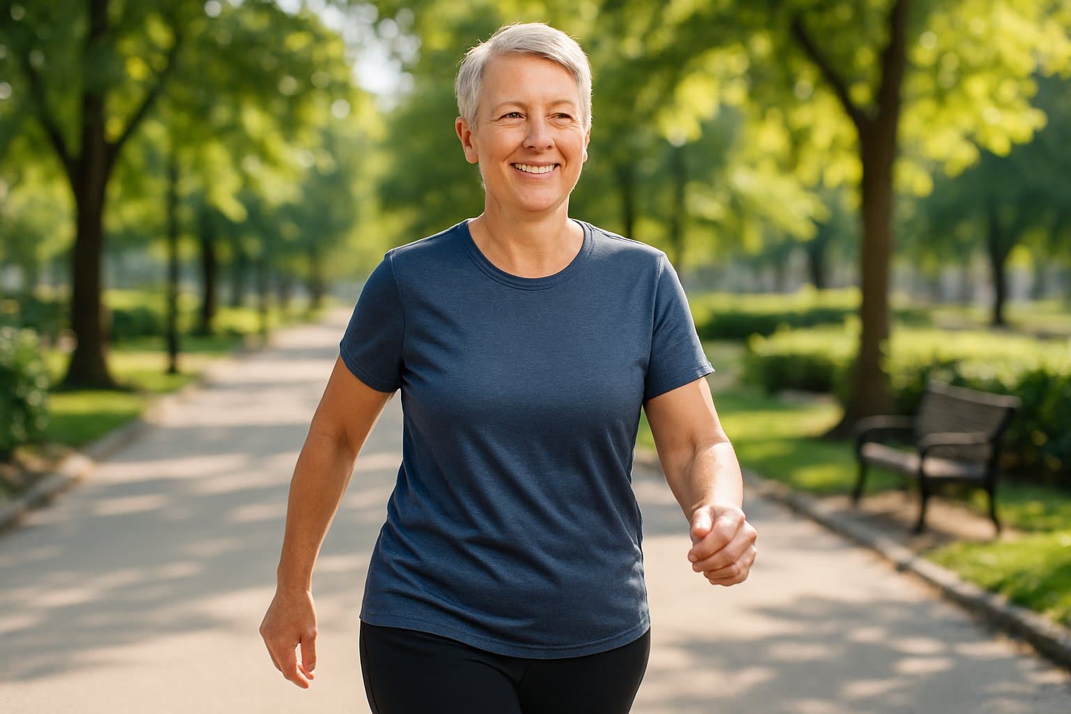A middle-aged person walking on a sunny park path surrounded by trees and greenery.