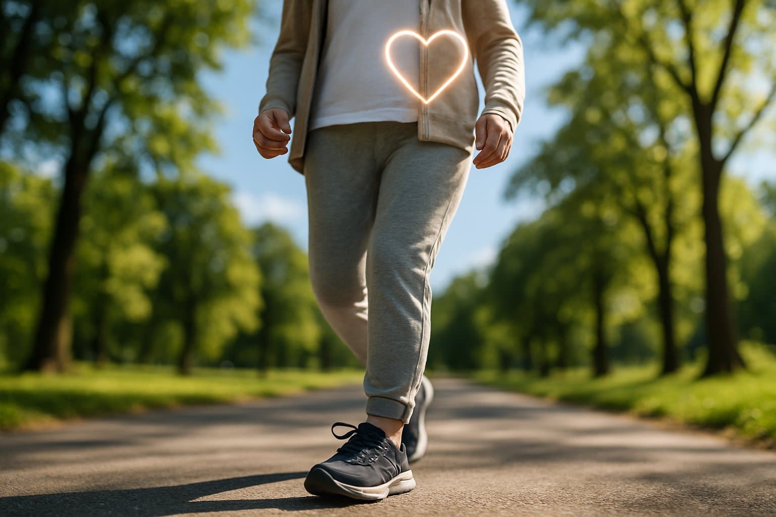 A person walking on a paved path in a park wearing athletic shoes, with trees and sunlight in the background.