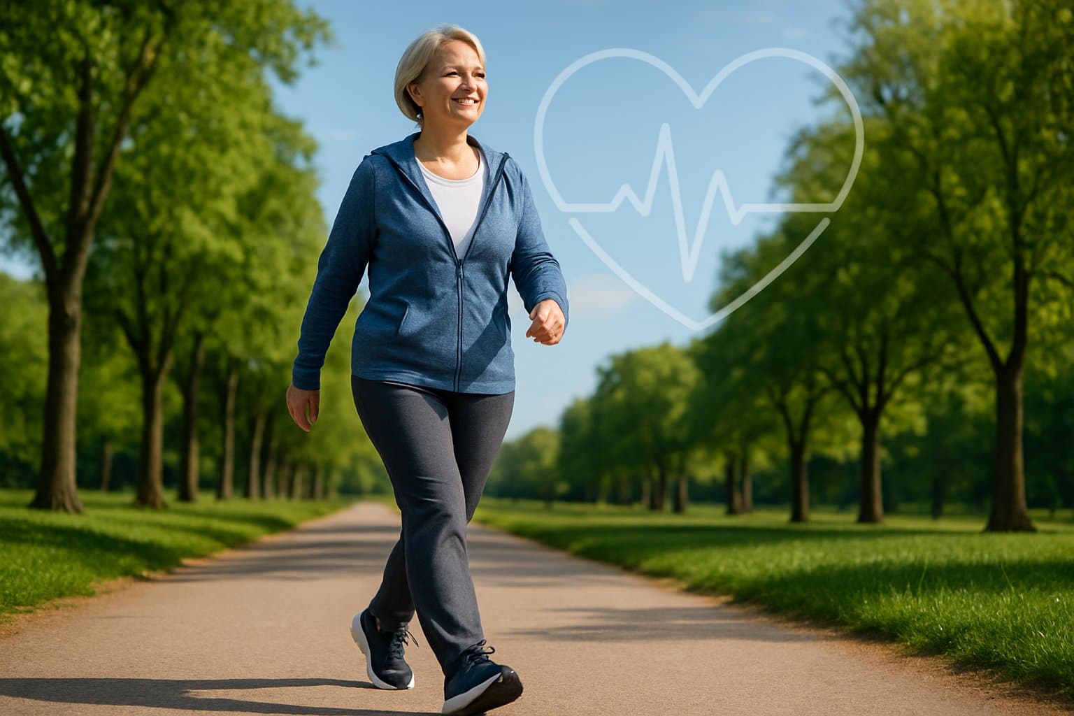 A middle-aged person walking on a sunny park path surrounded by trees, appearing healthy and energetic.
