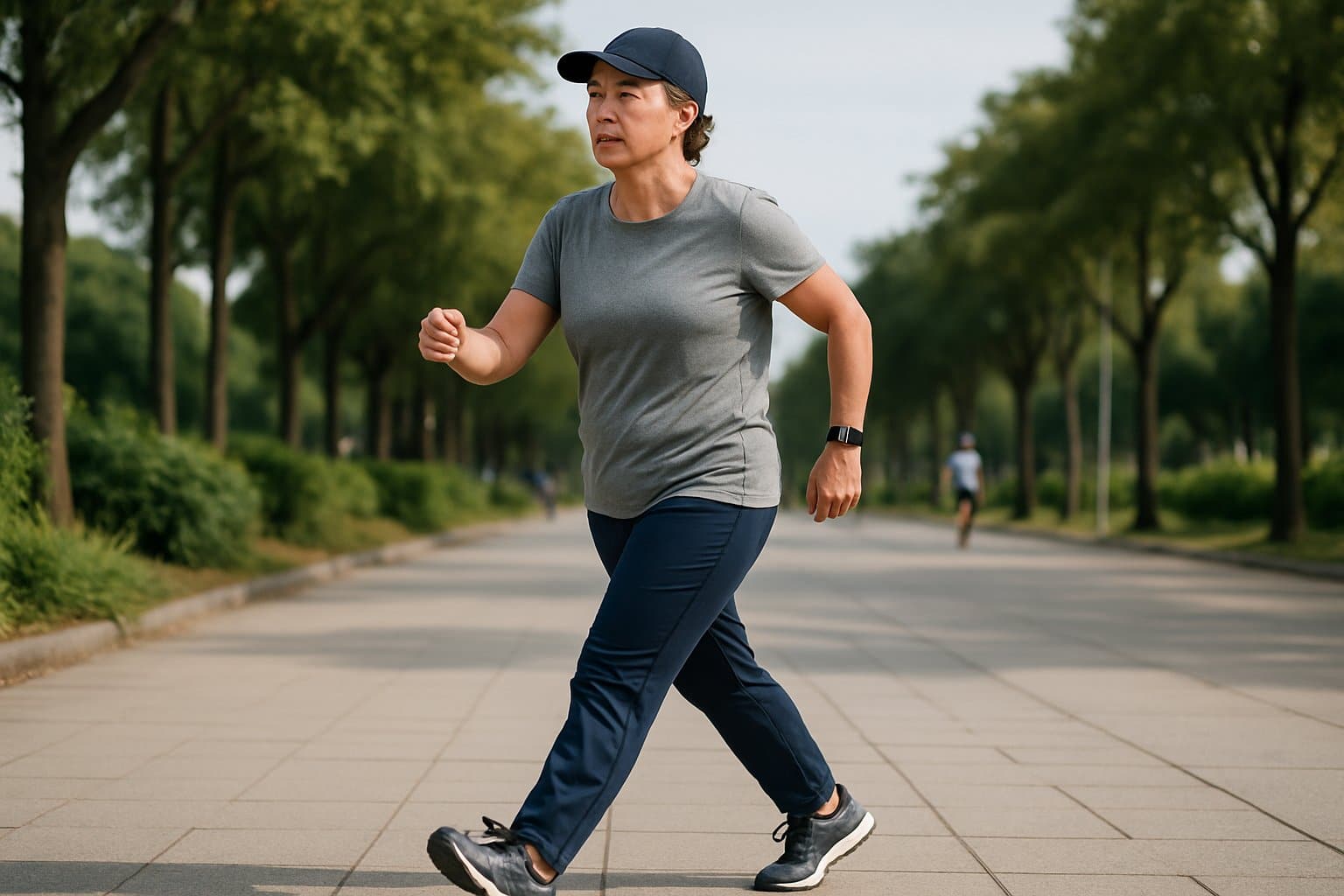 A middle-aged person walking briskly on a tree-lined urban path wearing athletic clothing and a fitness tracker.