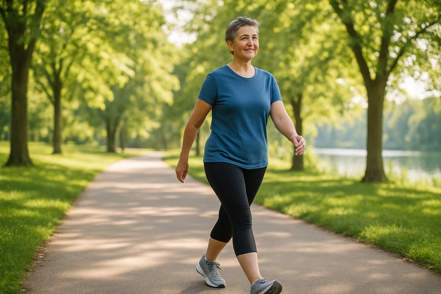 A middle-aged person walking on a paved path in a green park on a sunny day.