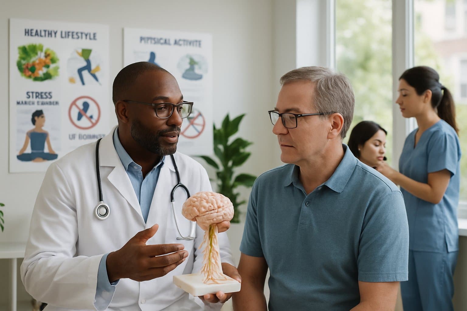 A neurologist explains brain health to a patient using a brain model in a bright medical clinic where a nurse prepares a vaccination nearby.