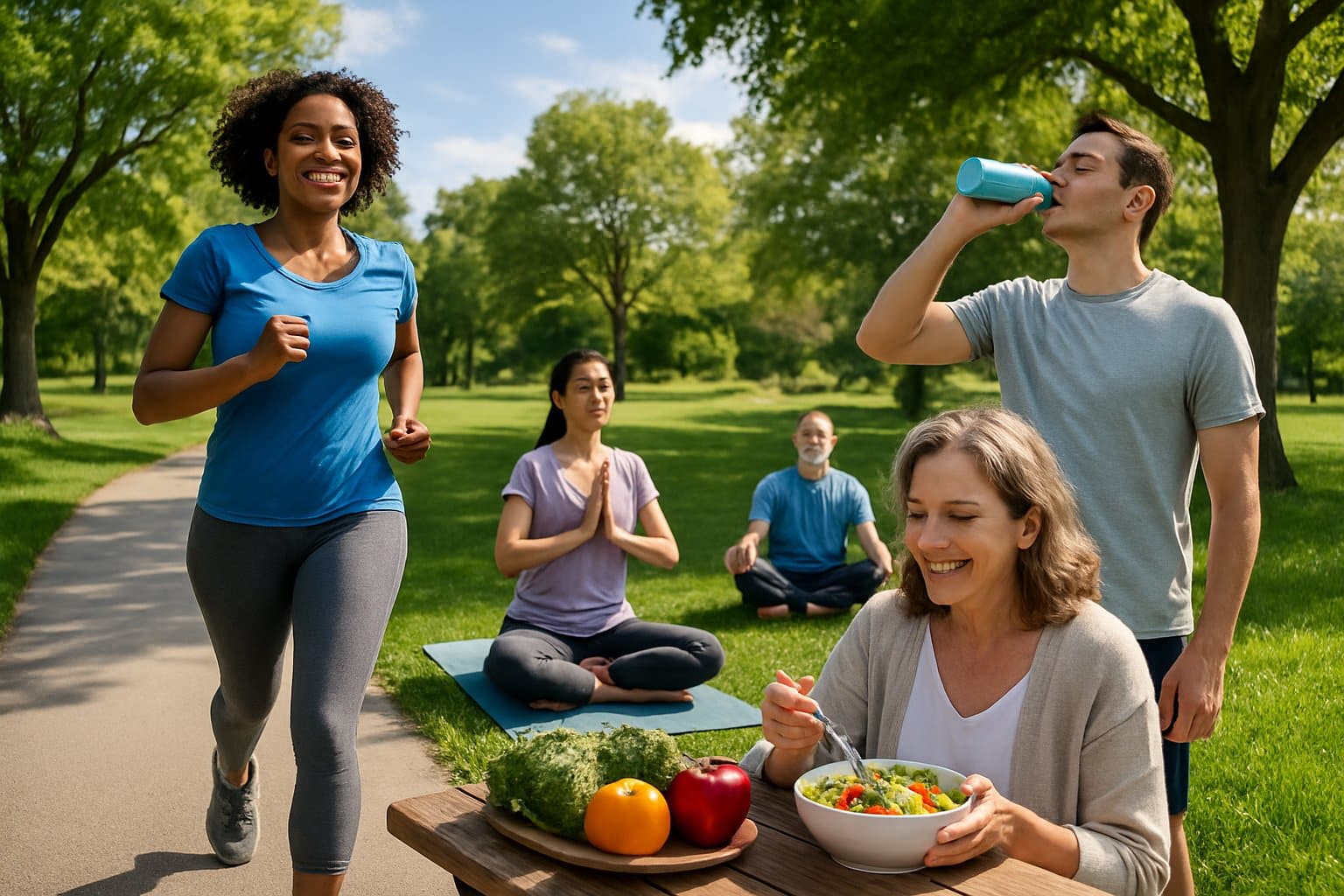 People exercising, meditating, and eating healthy foods outdoors in a park to promote nervous system health.