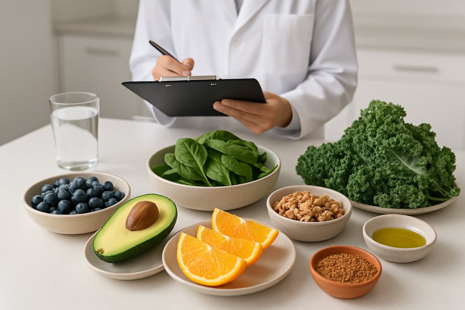 A kitchen table with fresh fruits, vegetables, nuts, and grains arranged alongside a person in a white lab coat holding a clipboard.