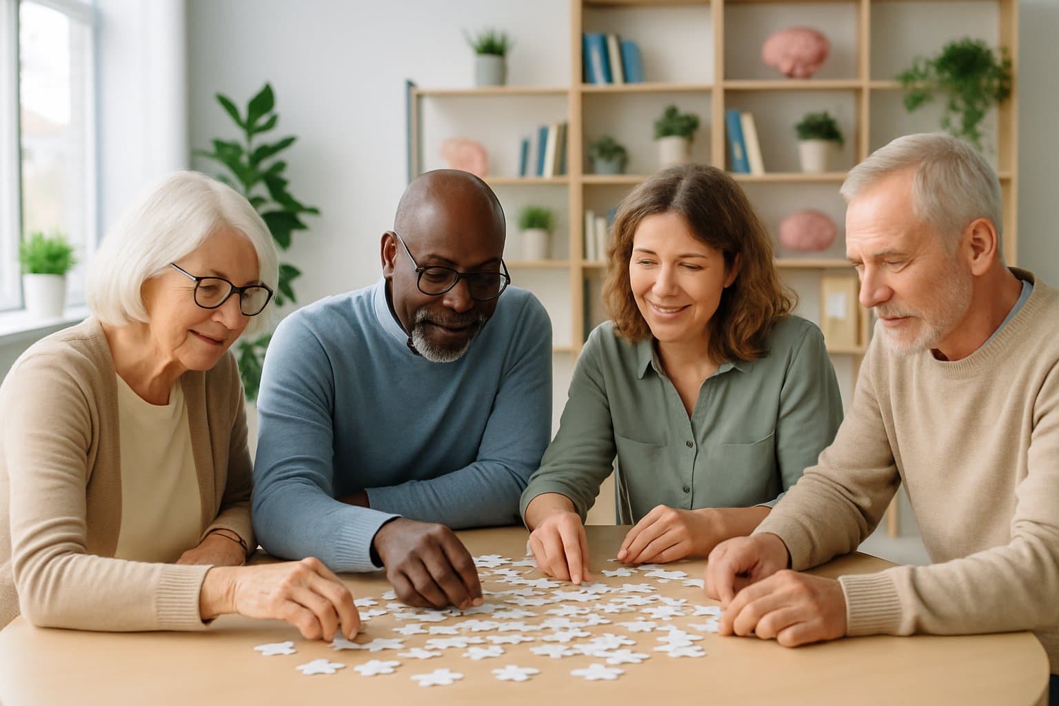 A group of diverse adults working together on a puzzle around a table in a bright community center, symbolizing cognitive and social engagement for brain health.