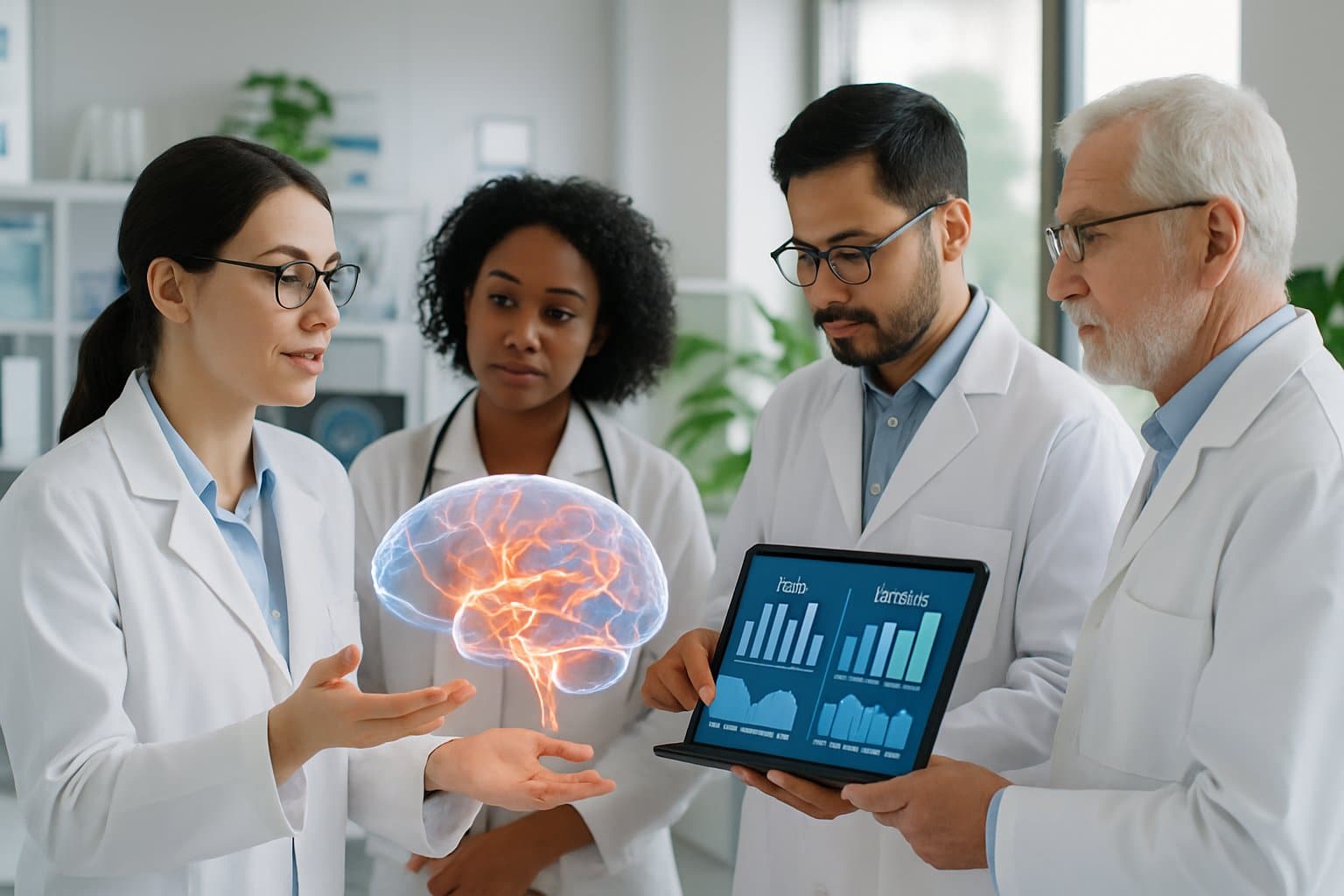 Healthcare professionals in a modern lab examining a 3D brain model and environmental data to prevent nervous system diseases.