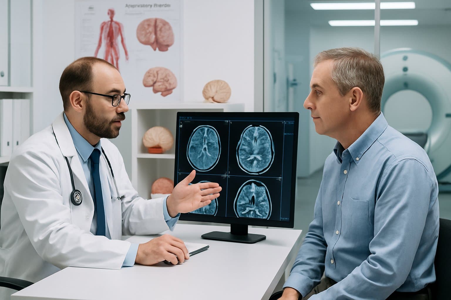 A neurologist discusses brain scan results with a patient in a modern medical clinic equipped with diagnostic tools and brain models.