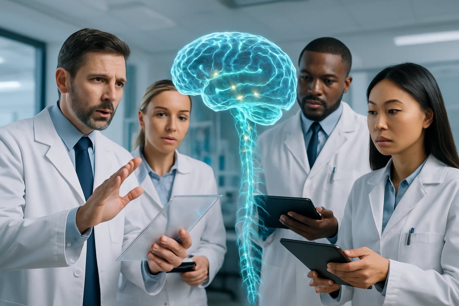 Medical professionals examining a holographic model of the human brain and spinal cord in a modern laboratory.