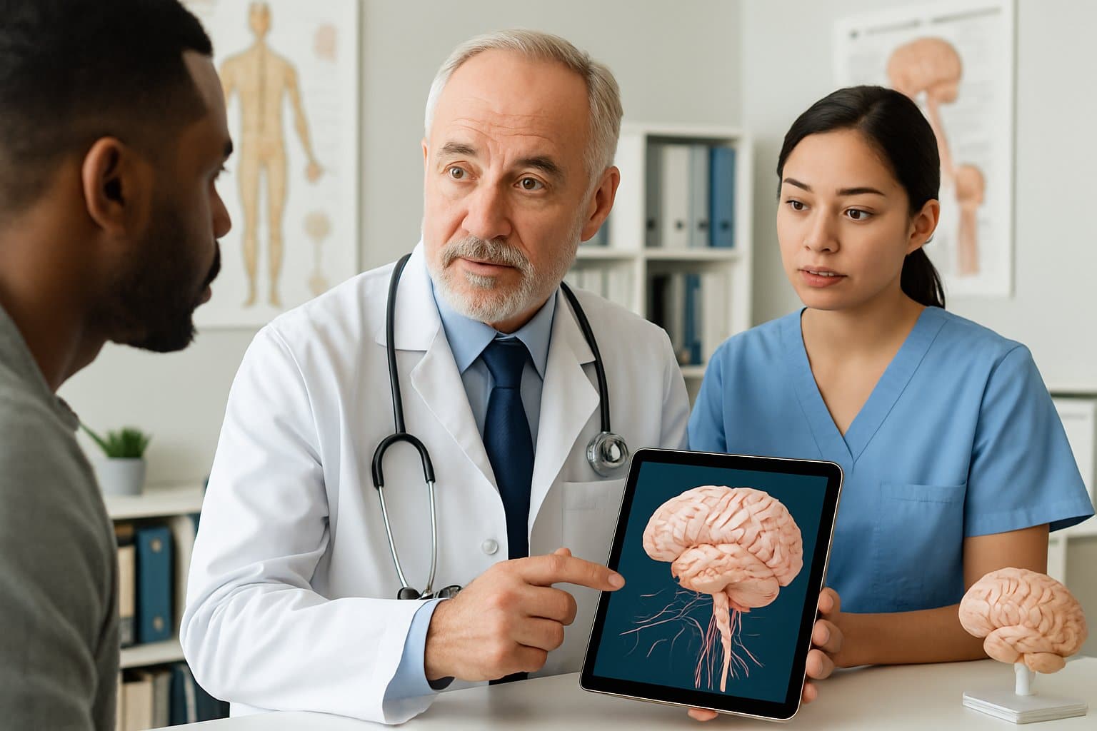 Healthcare professionals discussing brain anatomy and nervous system health in a medical office.