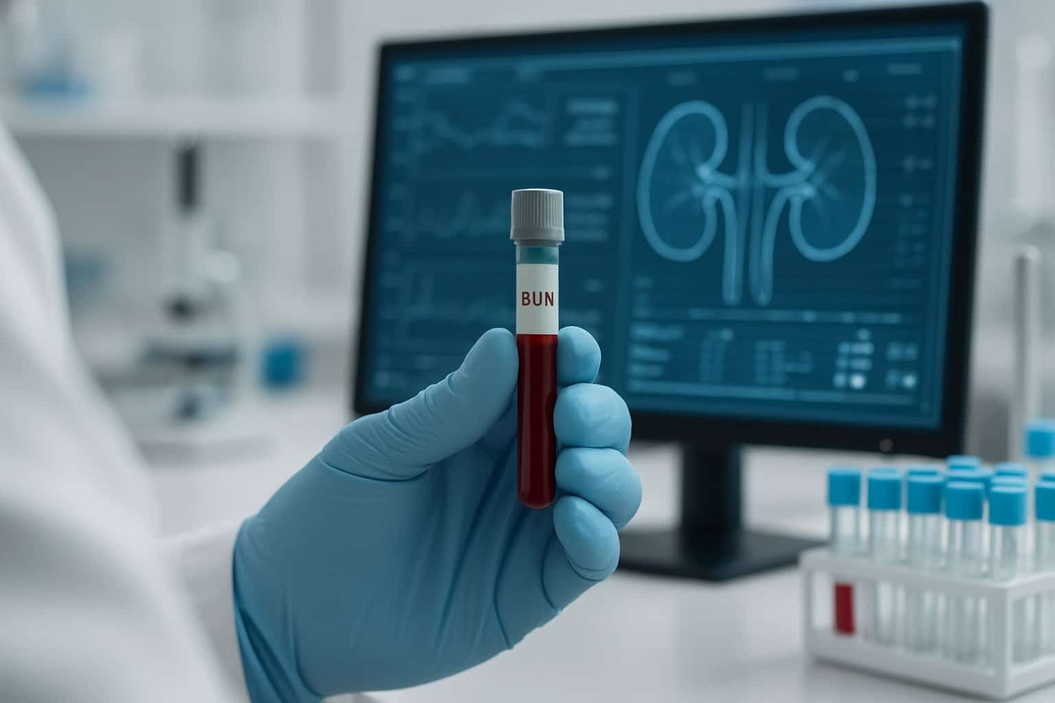 Lab technician handling a blood sample vial in a medical laboratory with test tubes and a digital monitor in the background.