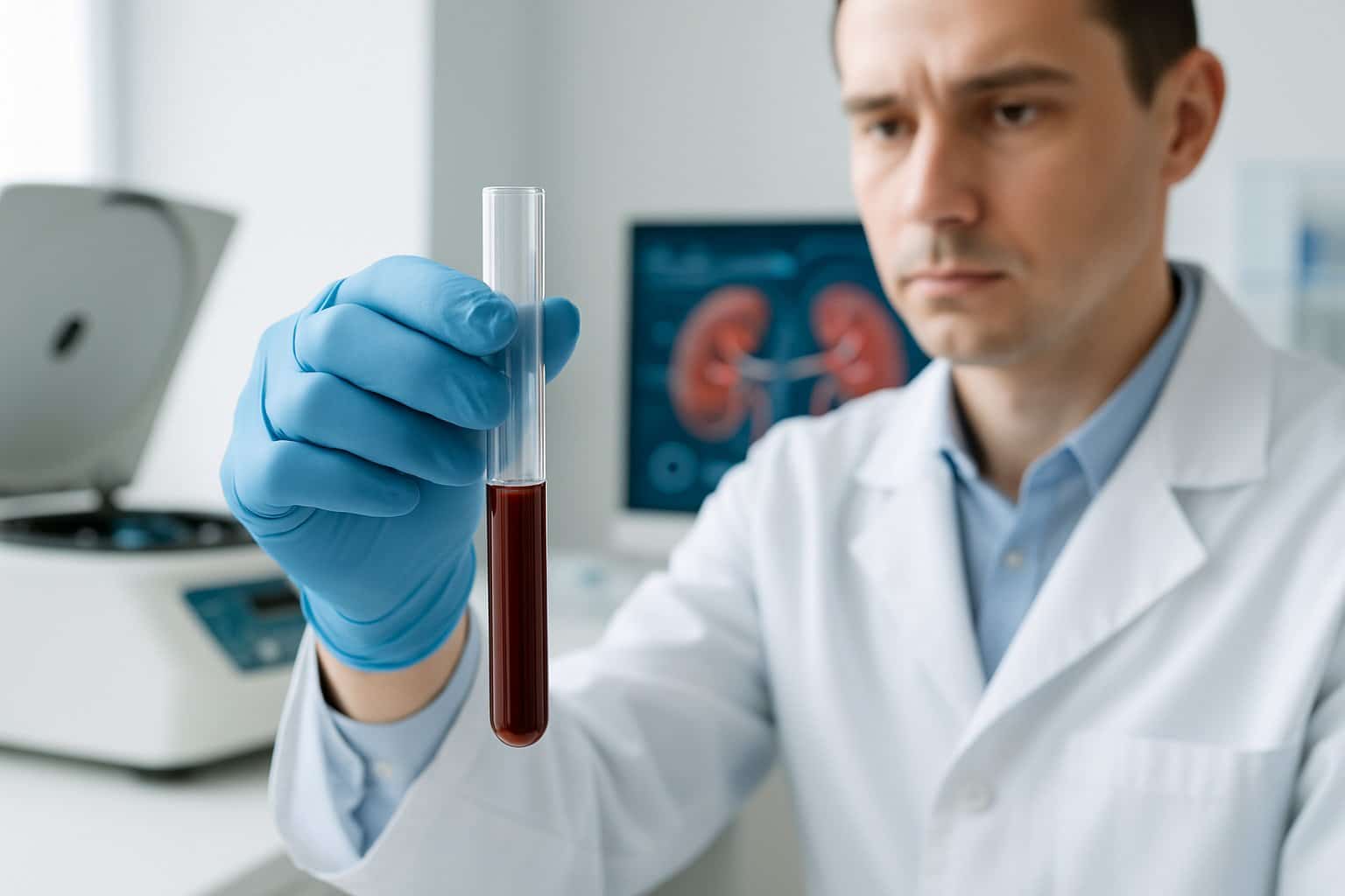 A healthcare professional holding a blood sample in a laboratory with medical equipment in the background.