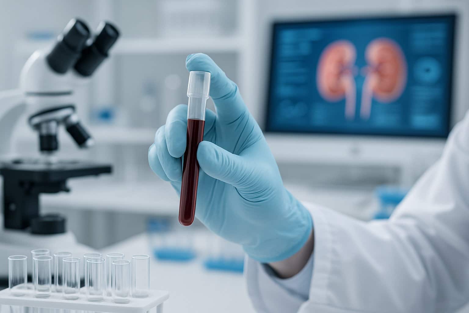 A healthcare professional holding a blood test tube in a medical laboratory with kidney-related equipment in the background.