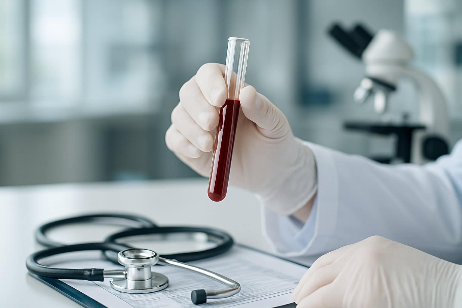 Close-up of a healthcare professional holding a blood test tube in a modern medical laboratory with medical instruments in the background.