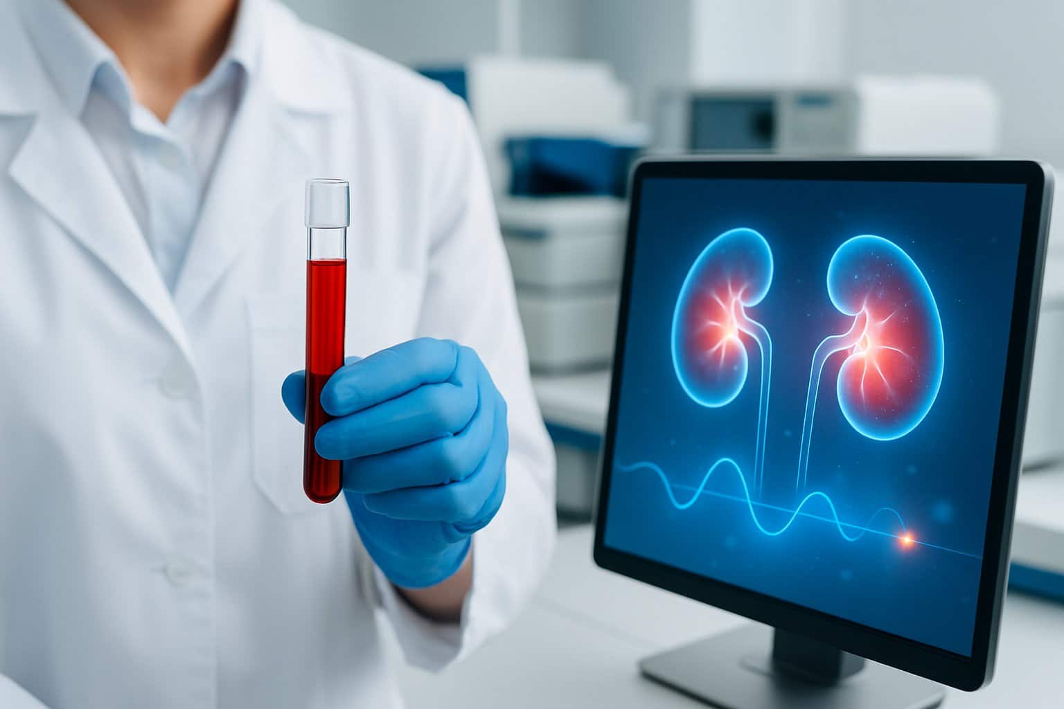 Healthcare professional holding a blood sample in a medical laboratory with lab equipment in the background.