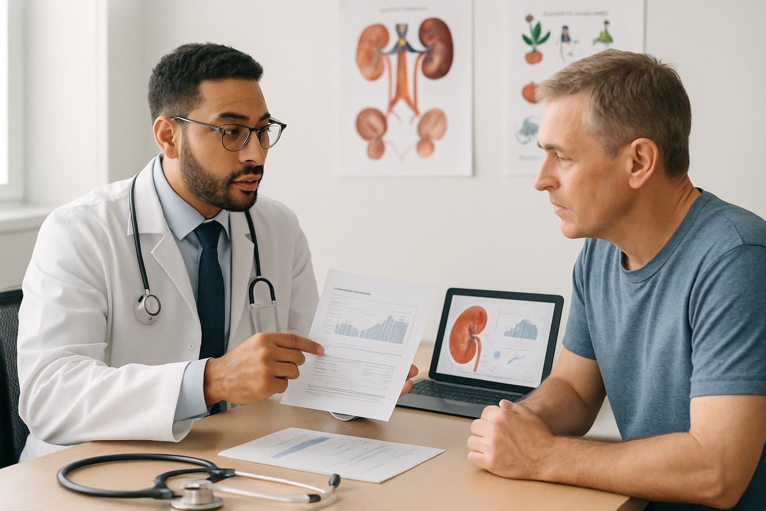 A doctor and patient discussing medical test results in a bright clinic office with medical charts and kidney health visuals on the desk.