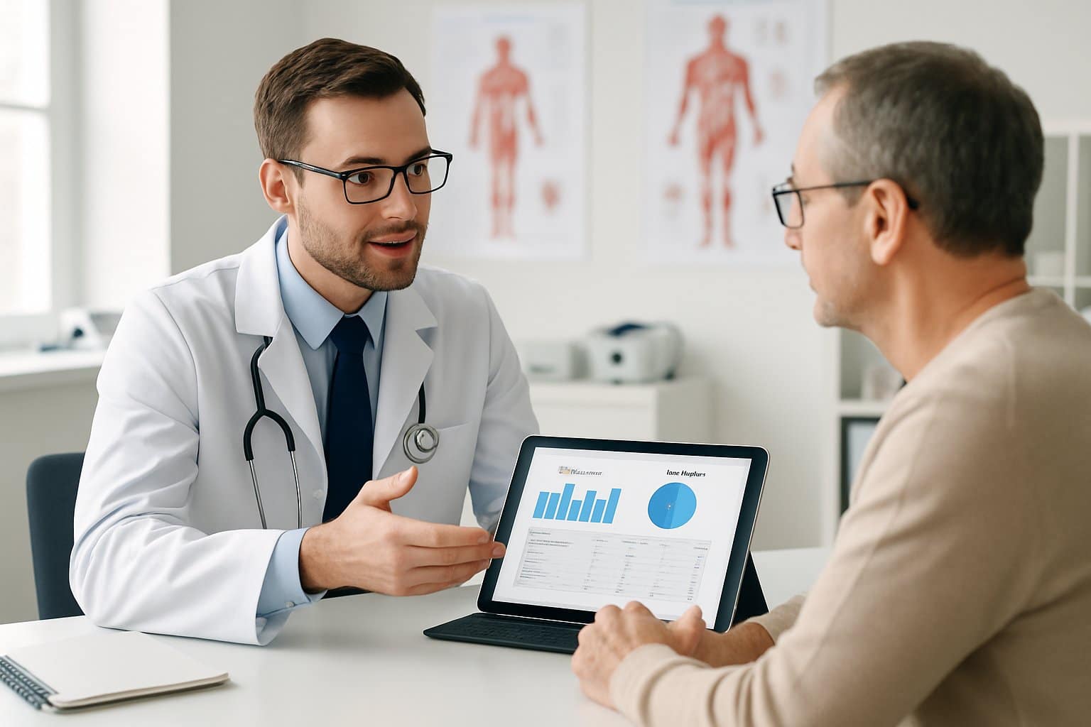 A doctor discussing blood test results with a patient in a medical office.