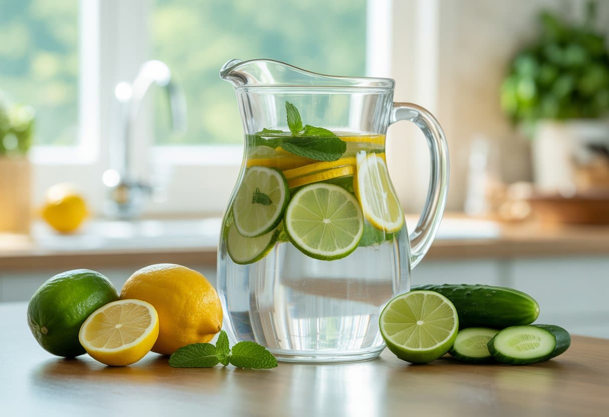 A glass pitcher of water infused with lemon, lime, cucumber, and mint on a wooden table with fresh ingredients around it in a bright kitchen.