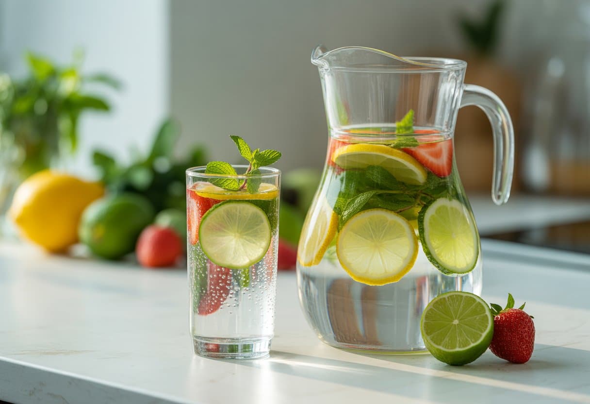 A clear glass pitcher and a glass filled with water infused with lemon, lime, cucumber, strawberries, and mint on a white countertop with fresh fruits and herbs in the background.
