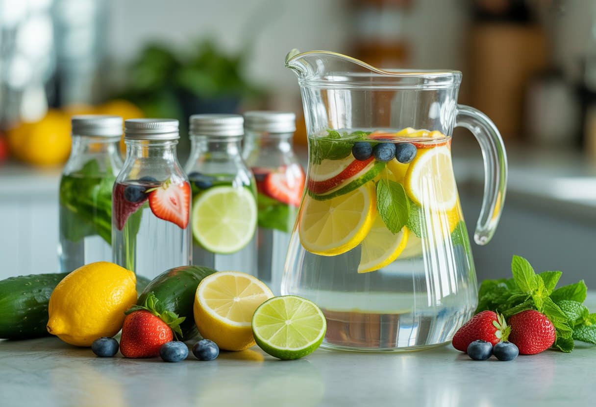 Clear glass pitcher and bottles filled with water infused with lemon, lime, cucumber, strawberries, blueberries, and mint on a kitchen countertop with fresh fruits and herbs nearby.