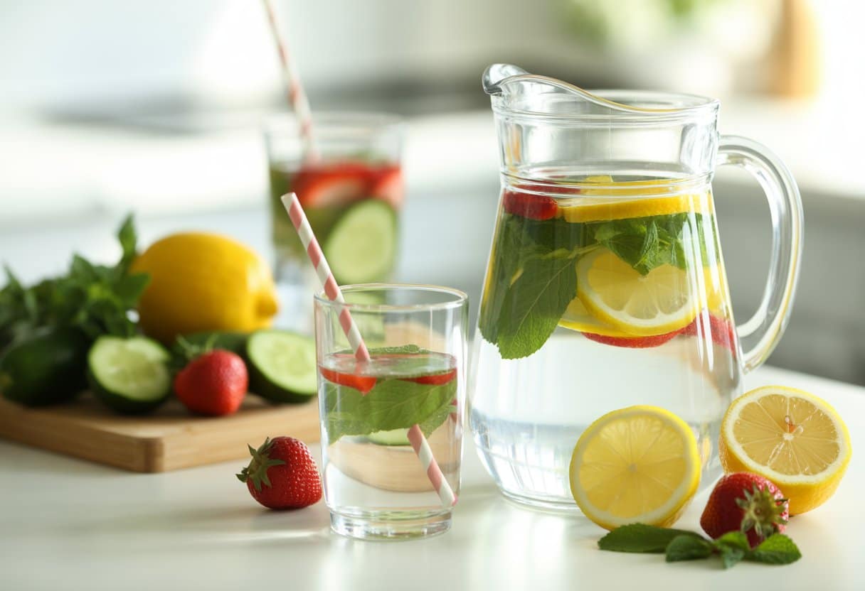 A glass pitcher and glass filled with water infused with lemon, cucumber, strawberries, and mint on a kitchen counter with fresh fruits and herbs nearby.