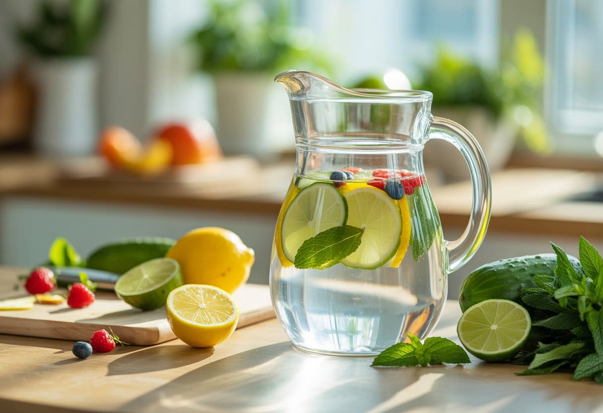 A glass pitcher of water infused with lemon, lime, cucumber, mint, and berries on a kitchen countertop with fresh ingredients nearby.