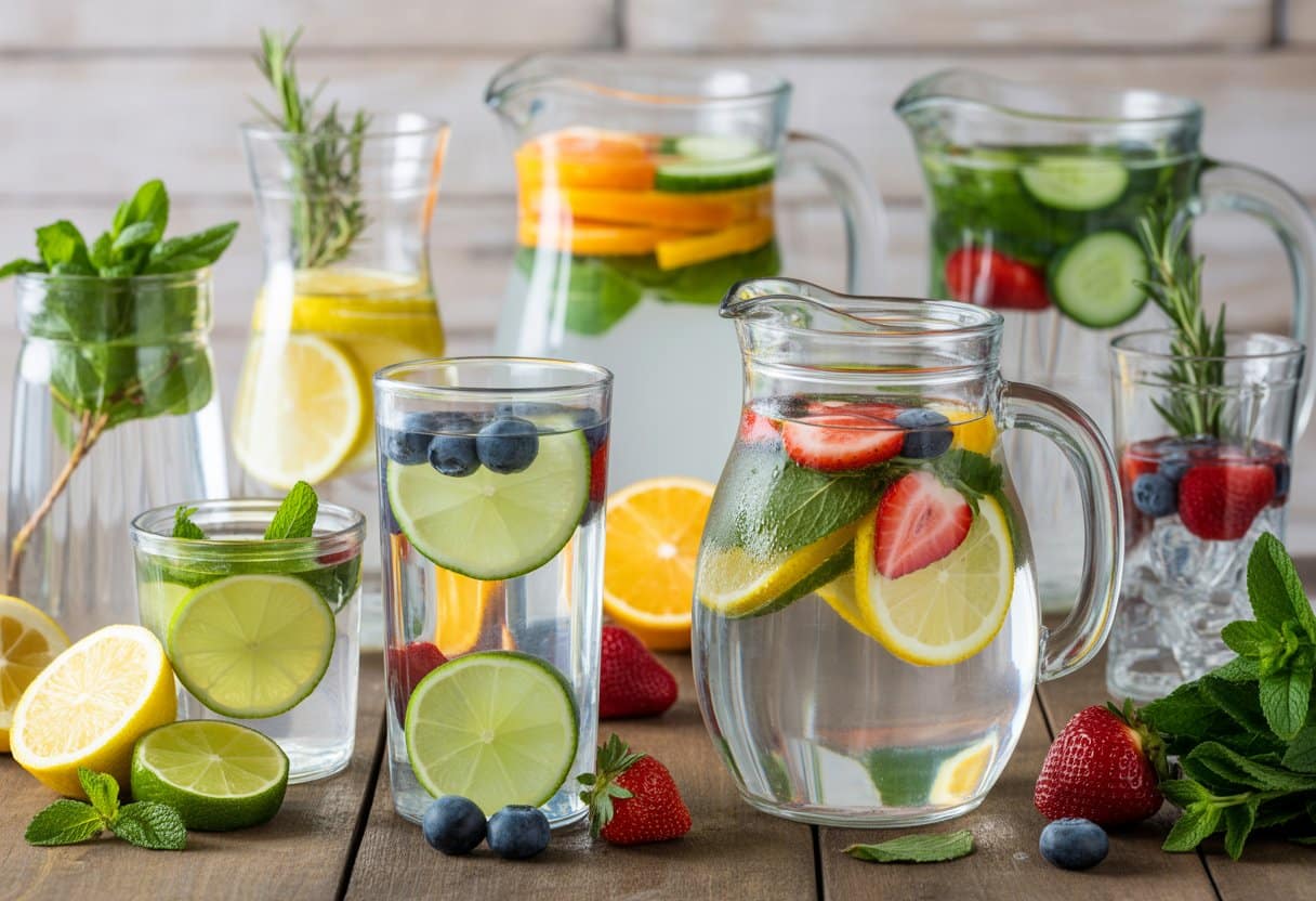 Clear glass pitchers and jars filled with water infused with fresh fruits and herbs on a wooden table.