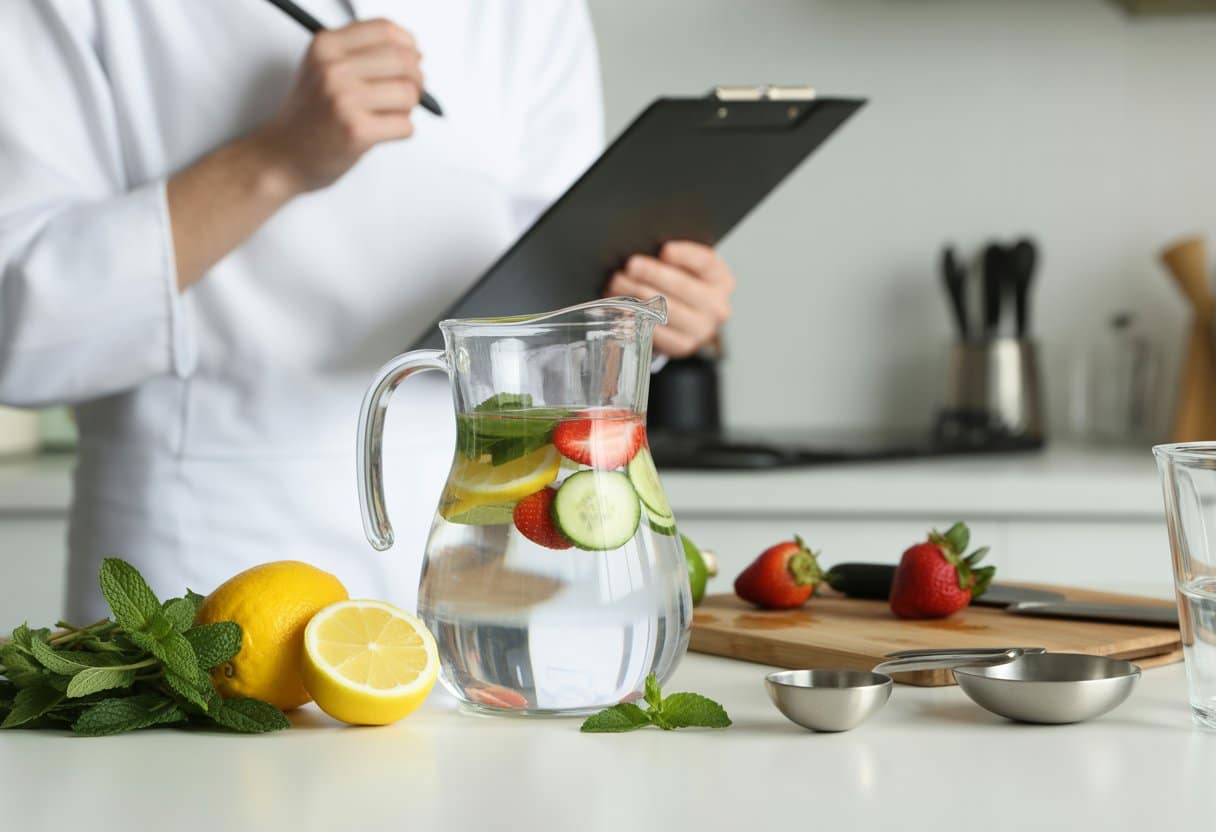 A kitchen countertop with a glass pitcher of water infused with fruit slices and herbs, a cutting board with ingredients, and a person in a lab coat reviewing notes.