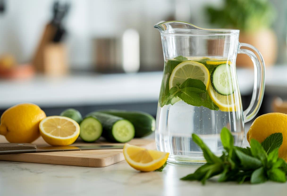A glass pitcher of water infused with lemon, cucumber, and mint on a kitchen countertop surrounded by fresh ingredients and a cutting board.