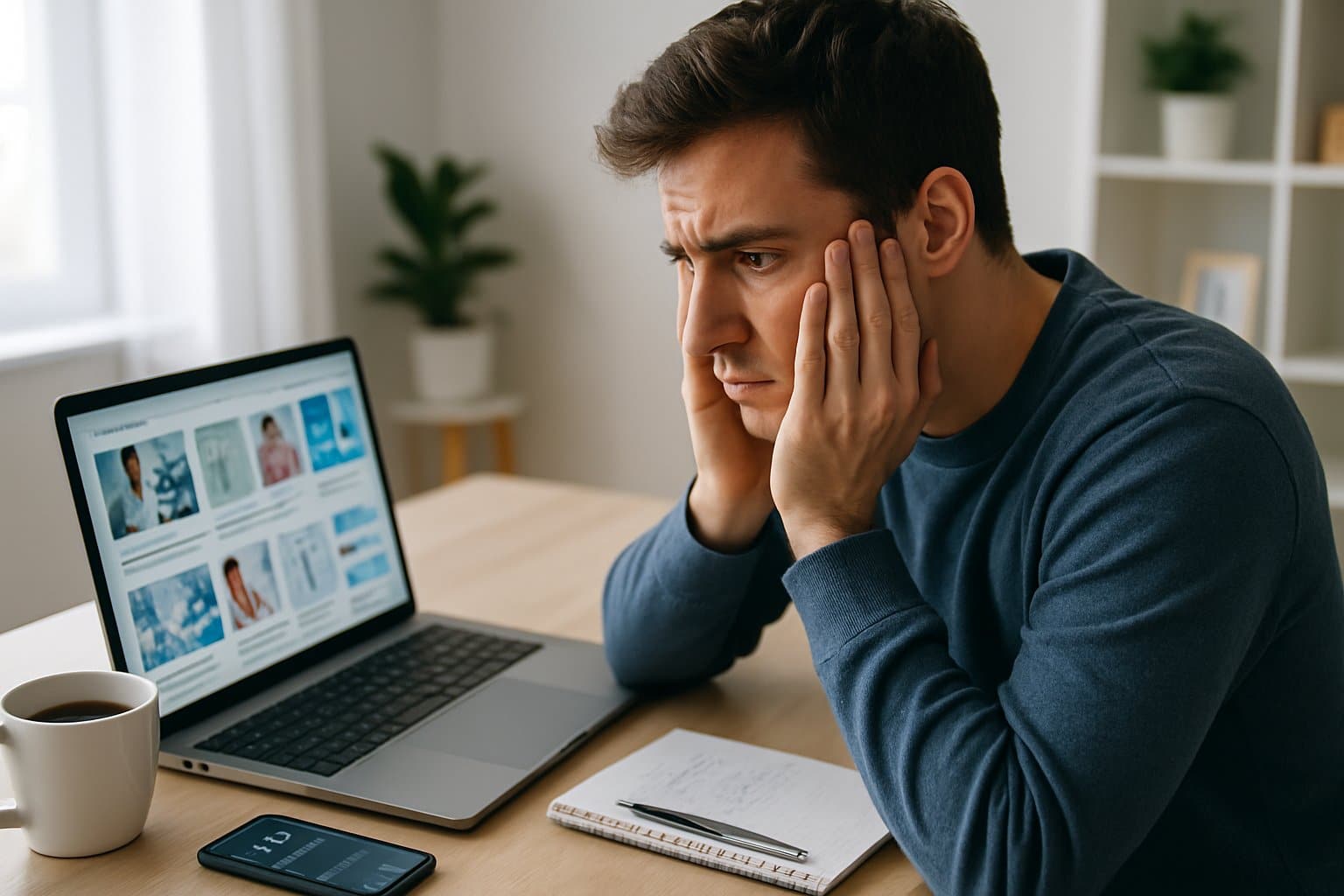 A young adult sitting at a desk looking worried while using a laptop in a bright home office.