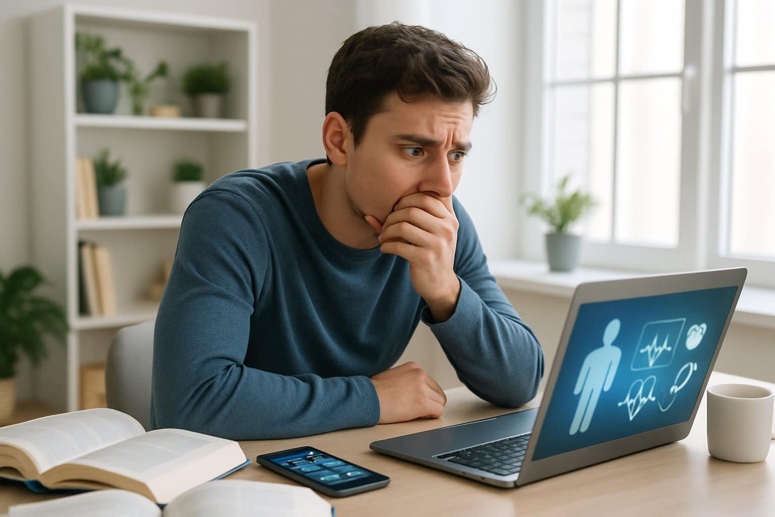 A worried young adult sitting at a desk looking anxiously at a laptop in a bright home office with medical books and a smartphone nearby.