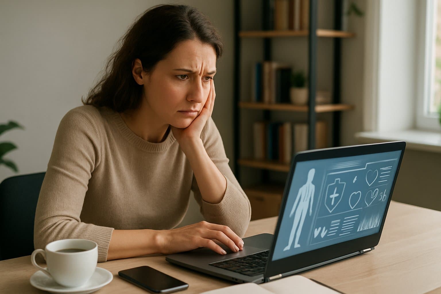 A worried woman sitting at a desk looking at a laptop in a home office.