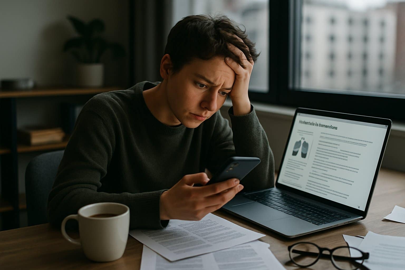 A worried young adult sitting at a desk with a smartphone and laptop showing medical information, looking stressed and overwhelmed.