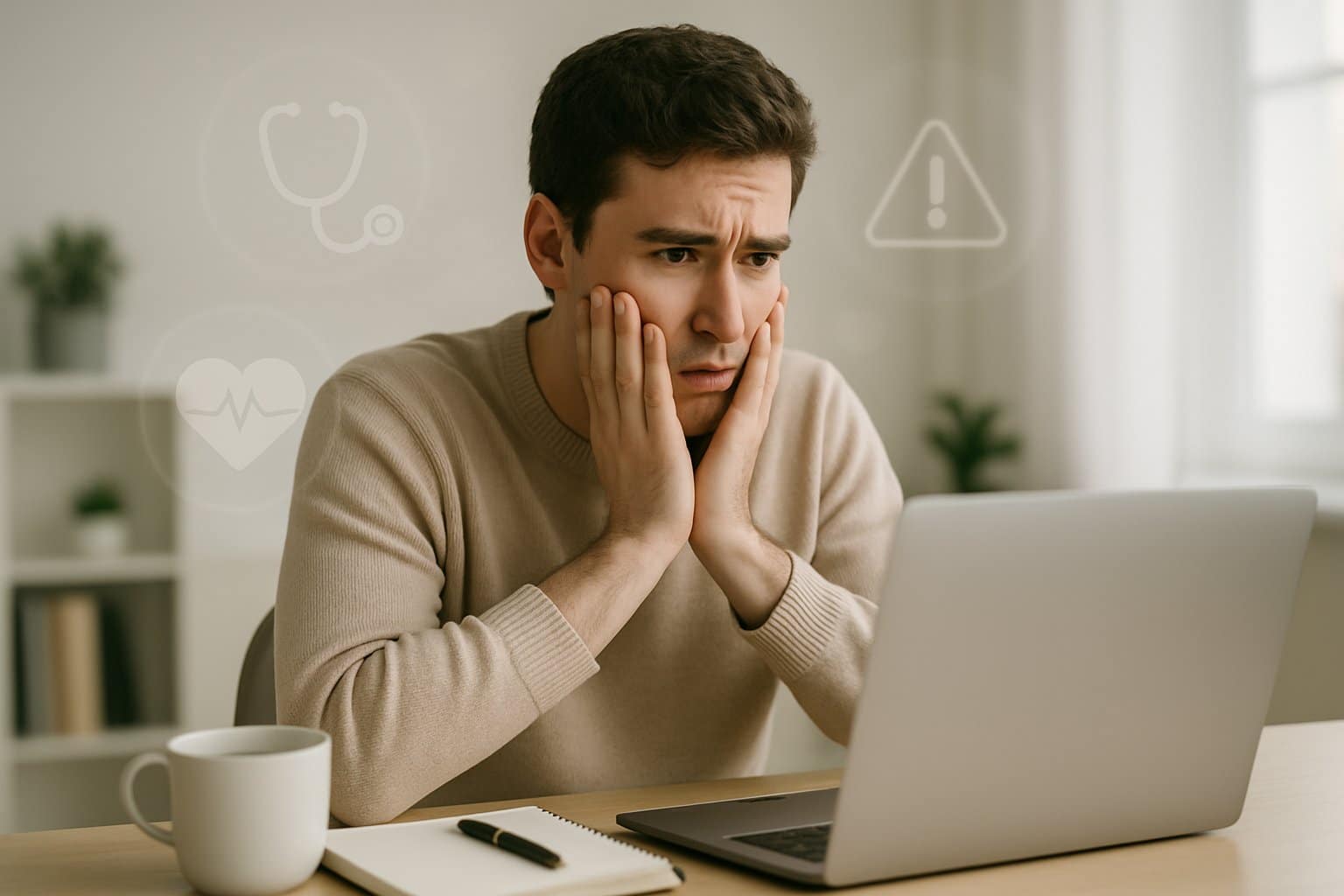 A worried young adult sitting at a desk looking anxiously at a laptop in a bright home office.