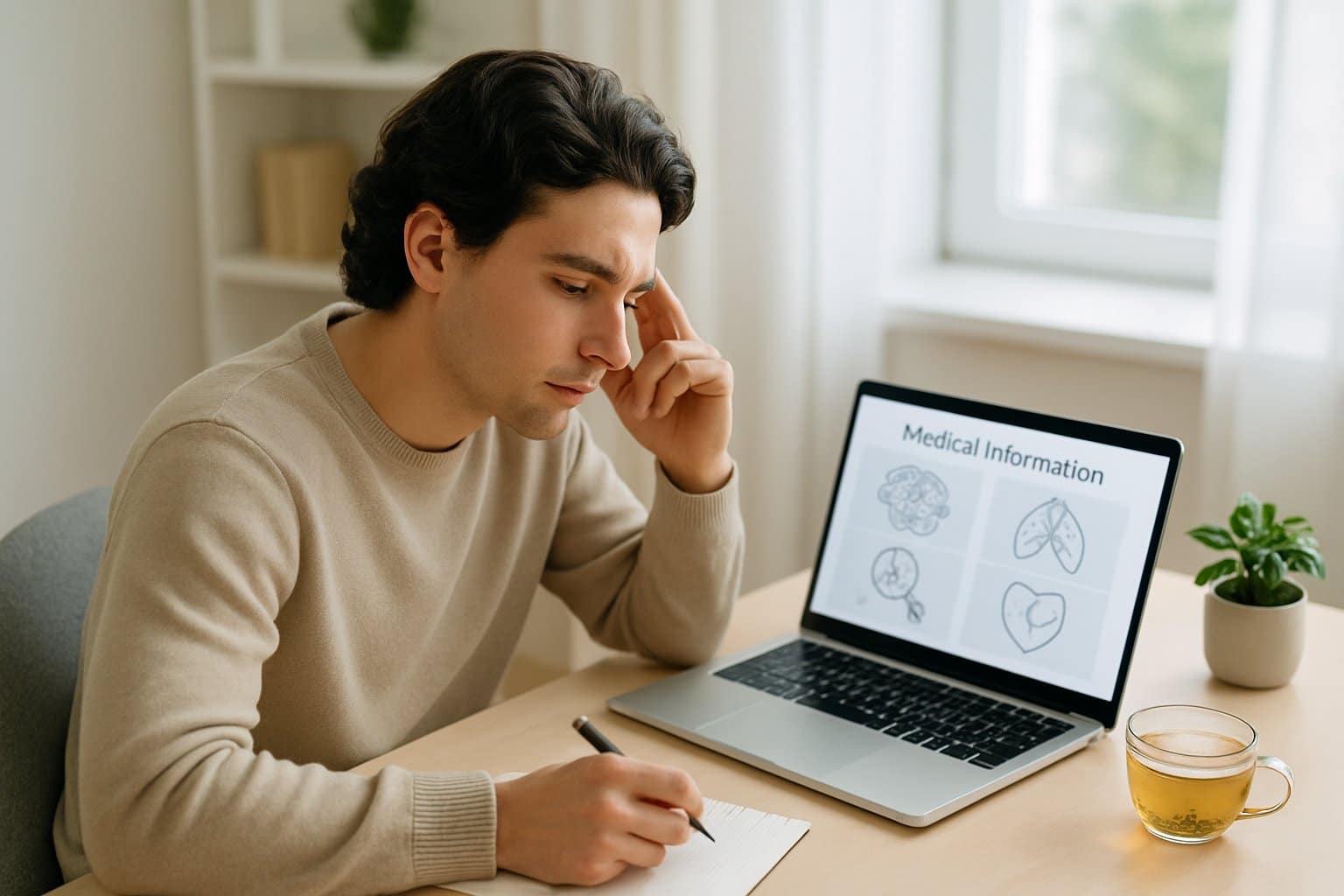 A young adult sitting at a desk looking thoughtfully at a laptop with medical information, surrounded by a notepad, pen, plant, and a cup of tea in a bright home office.