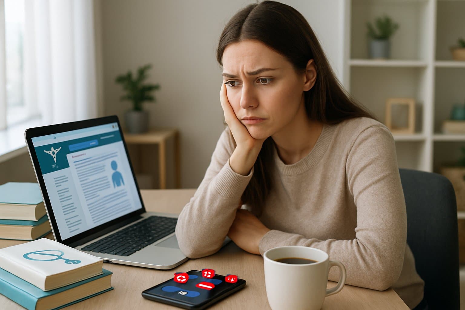 A young woman sitting at a desk looking worried while using a laptop in a bright home office.