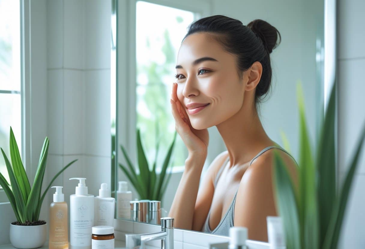 A young woman touching her cheek while looking into a bathroom mirror surrounded by skincare products.